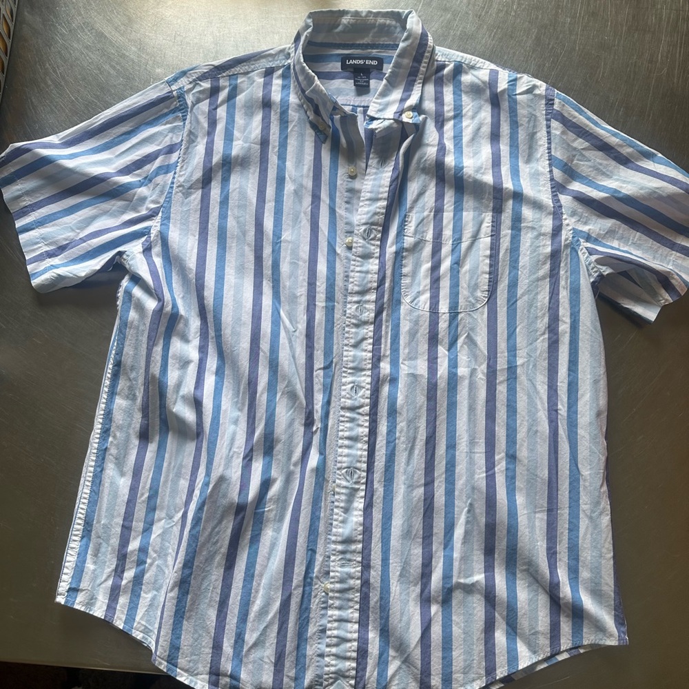 Lands' End Blue and White Casual Button Down Shirt